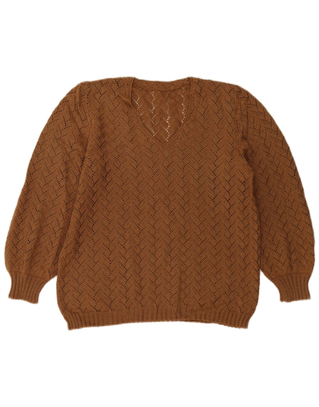 Sweter damski w stylu vintage z dekoltem w kształcie litery V, UK 14, średni brąz