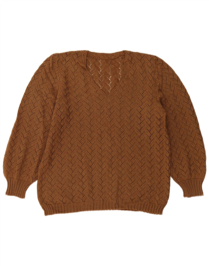 Sweter damski w stylu vintage z dekoltem w kształcie litery V, UK 14, średni brąz