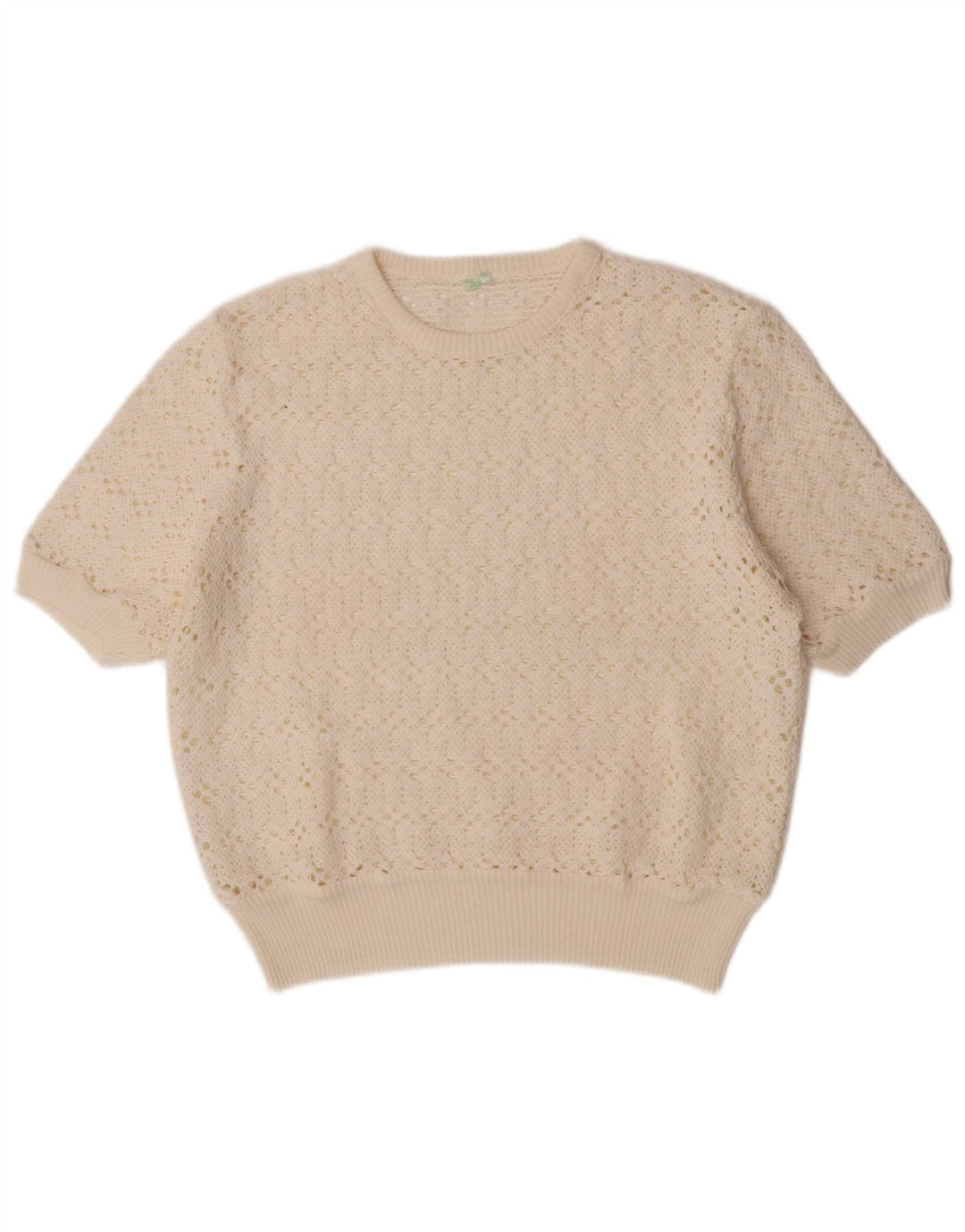 Vintage damski sweter z krótkim rękawem i okrągłym dekoltem UK 12 średni złamanej bieli