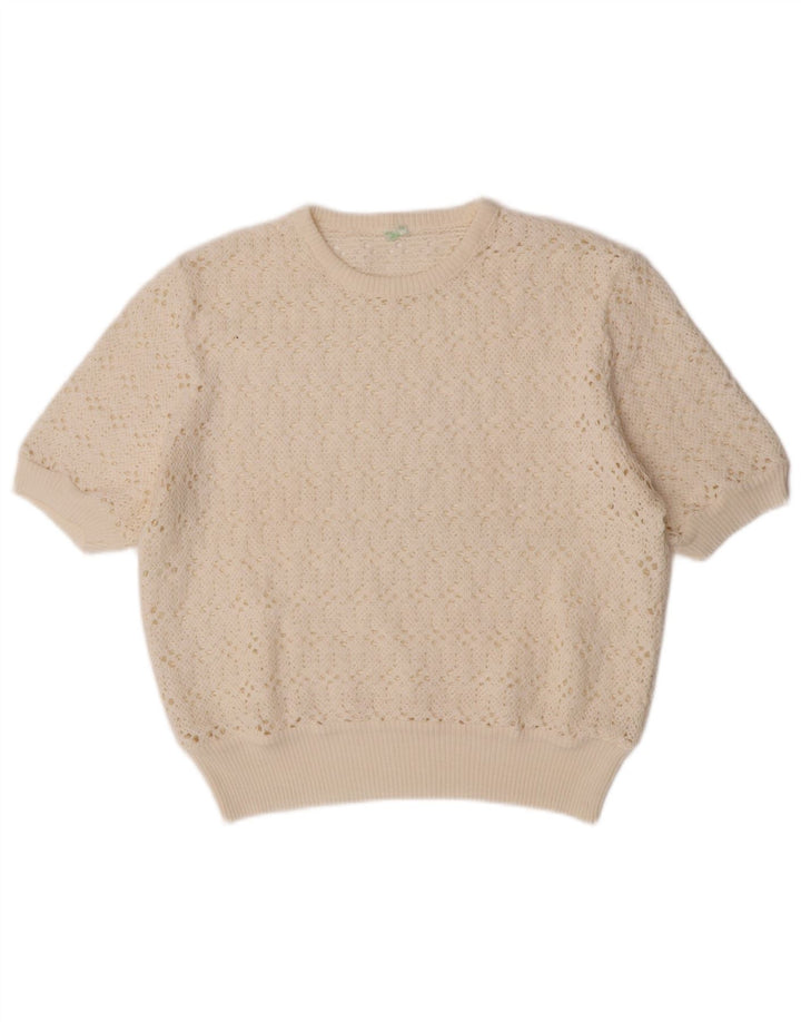 Vintage damski sweter z krótkim rękawem i okrągłym dekoltem UK 12 średni złamanej bieli