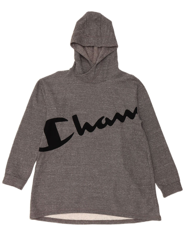 CHAMPION Girls Longline Graphic Hoodie Jumper 15-16 Years 2XL Grey Flecked