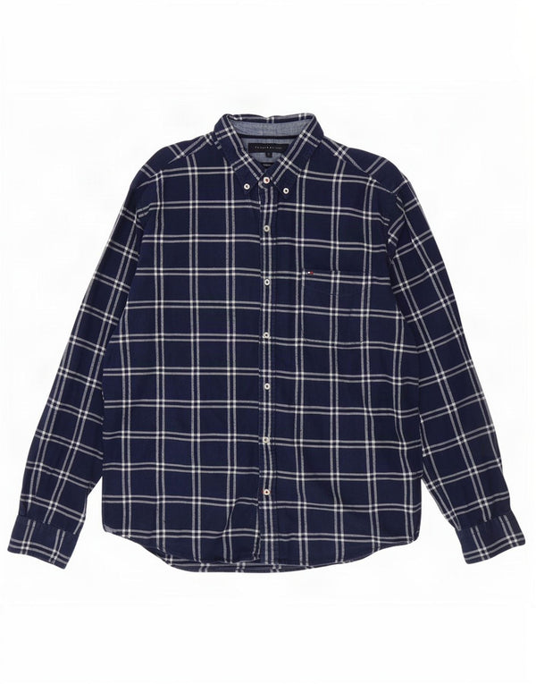 Męska koszula flanelowa Tommy Hilfiger w stylu vintage, duża, bawełniana w granatową kratę