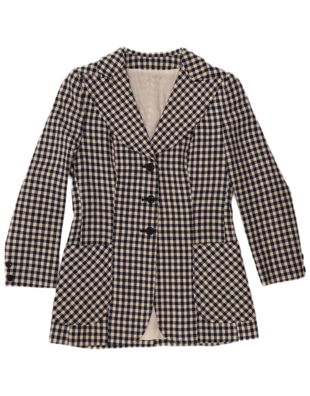 Damska marynarka VINTAGE zapinana na 3 guziki UK 10, mała granatowa kratka