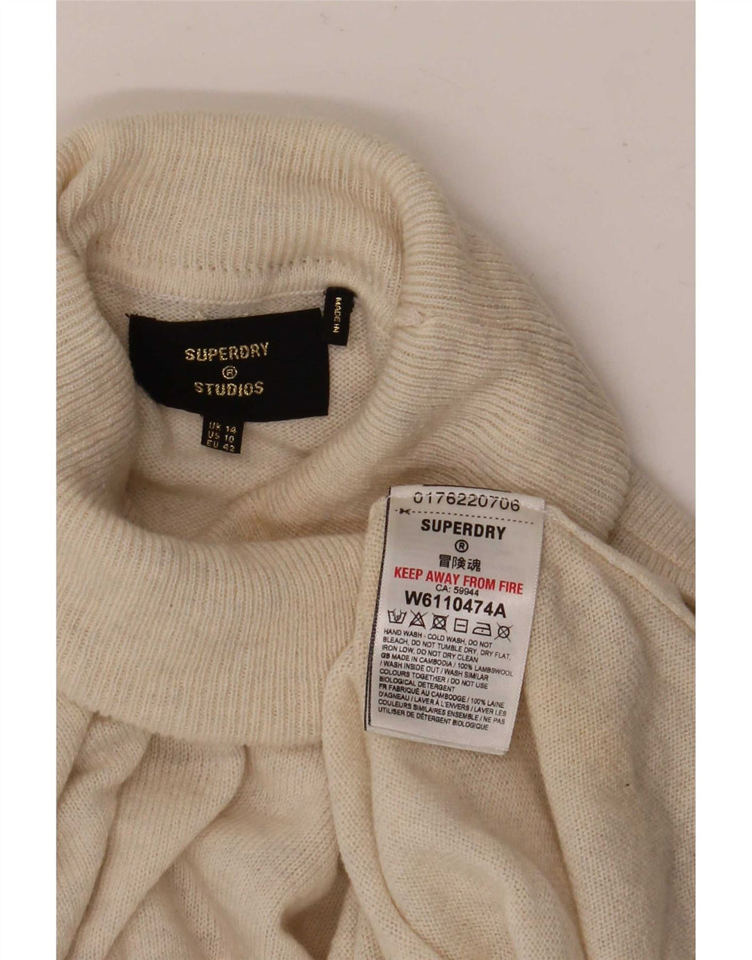 Damski sweter oversize Superdry z golfem UK 14, duża beżowa wełna