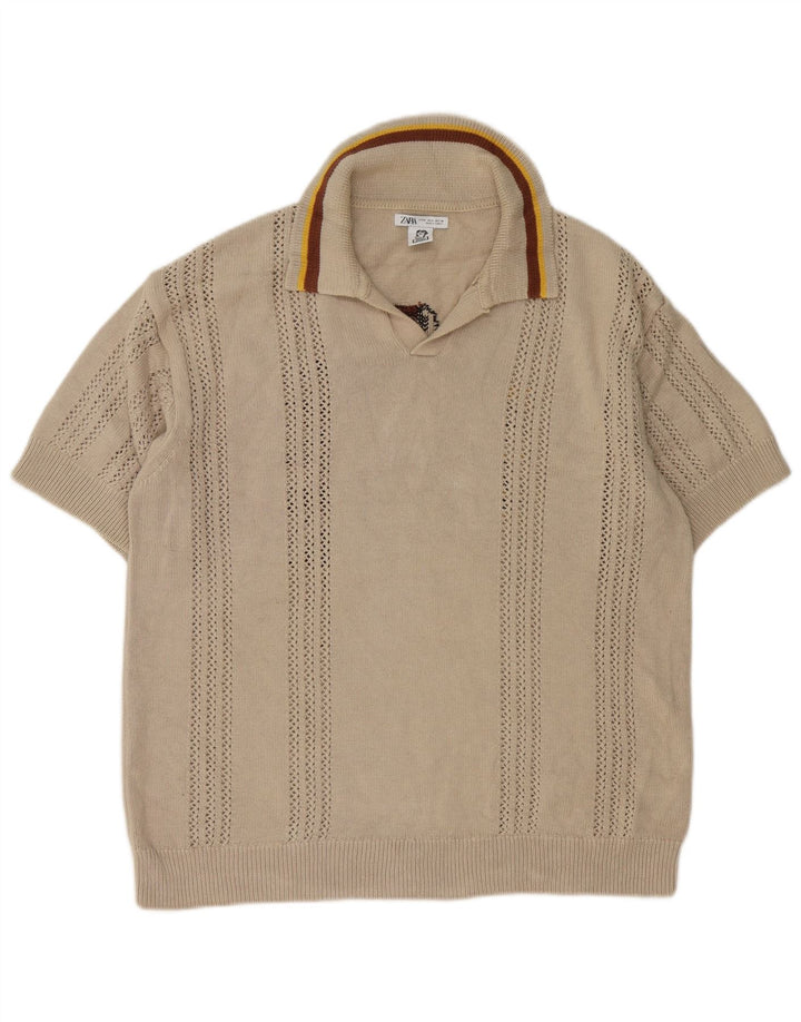Męski sweter Zara Inigo Studio Graphic z kołnierzem polo, średni beż
