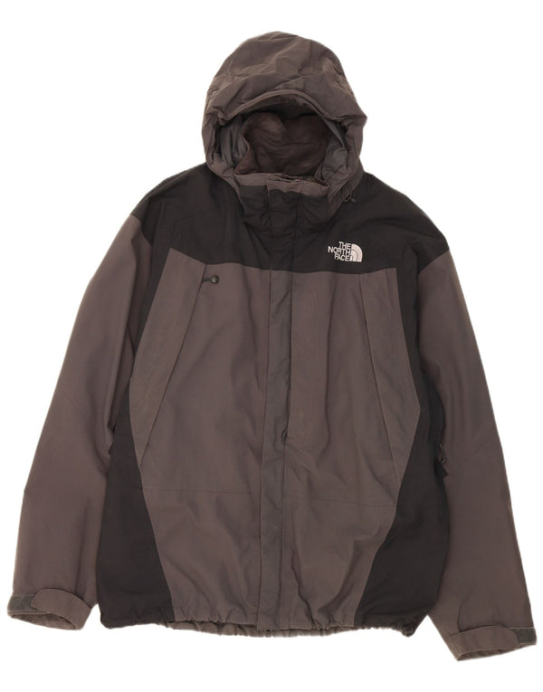 Męska kurtka przeciwdeszczowa z kapturem The North Face UK 40, duży, szary nylon w bloki kolorów