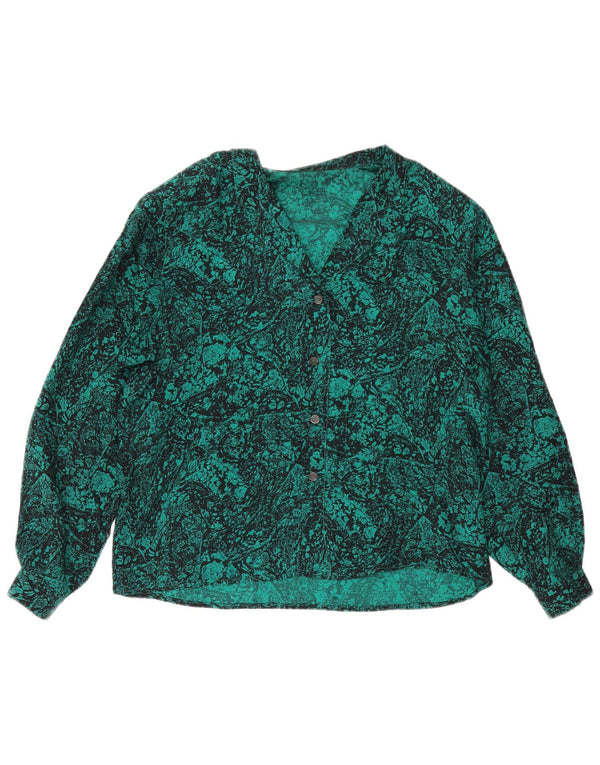 Vintage damska bluzka koszulowa w abstrakcyjny wzór UK 16, duża, zielona jedwabna