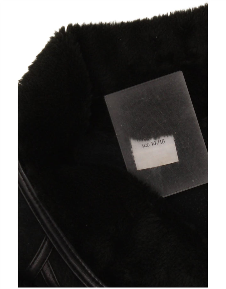 Vintage damska kurtka shearling UK 14/16, duża czarna skóra