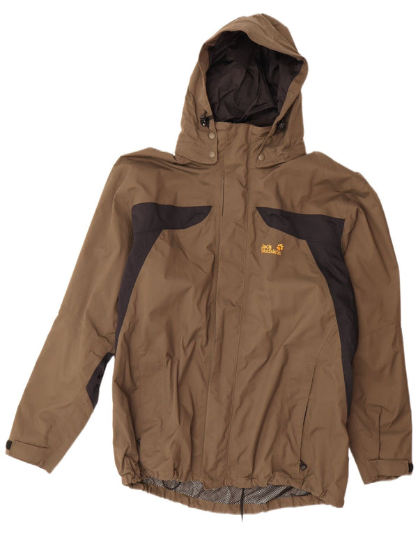 Męska kurtka przeciwdeszczowa Jack Wolfskin z kapturem UK 48 2XL Brązowy poliamid z blokami kolorów