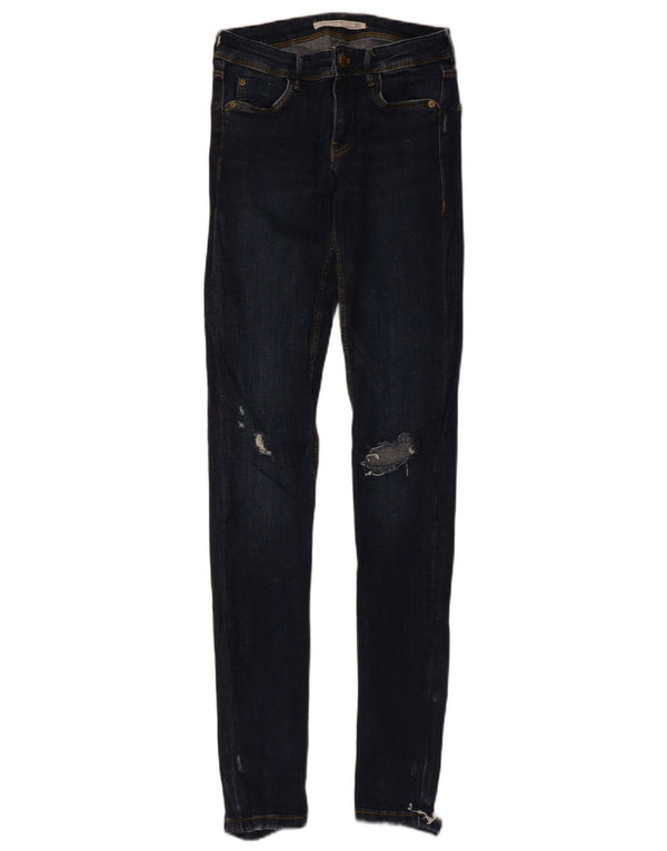 Zara Womens Distressed Skinny Jeans EU 34 2XS W24 L30 Navy Blue Cotton