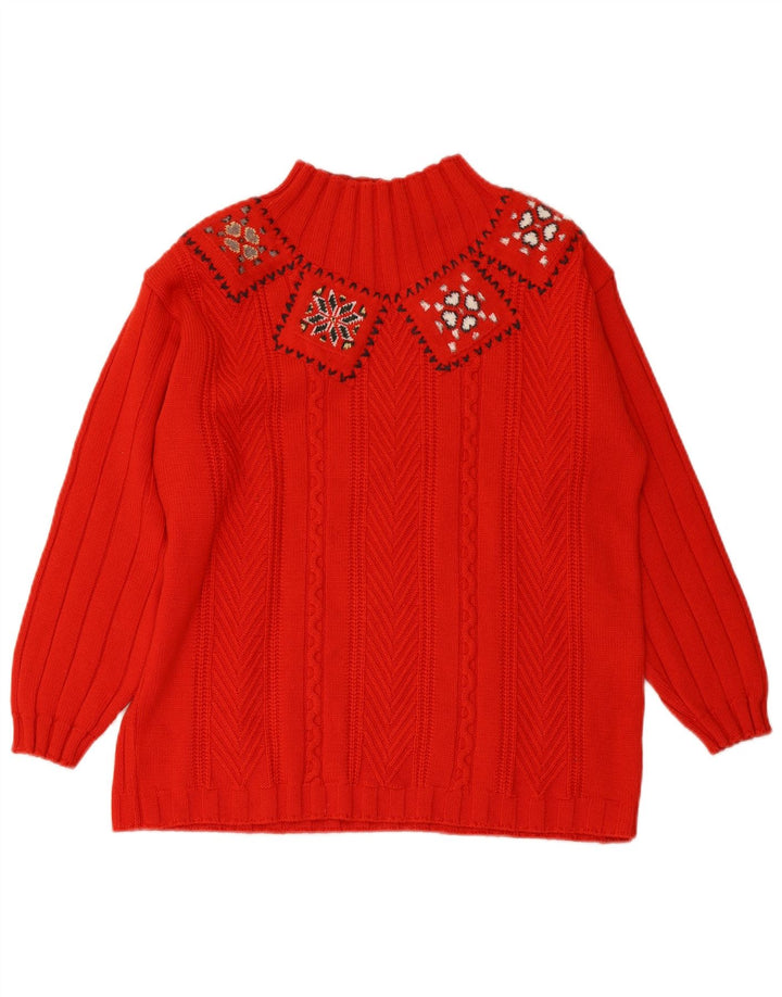 Damski sweter z golfem ELLA UK 16, duży, czerwony, wełniany Fair Isle