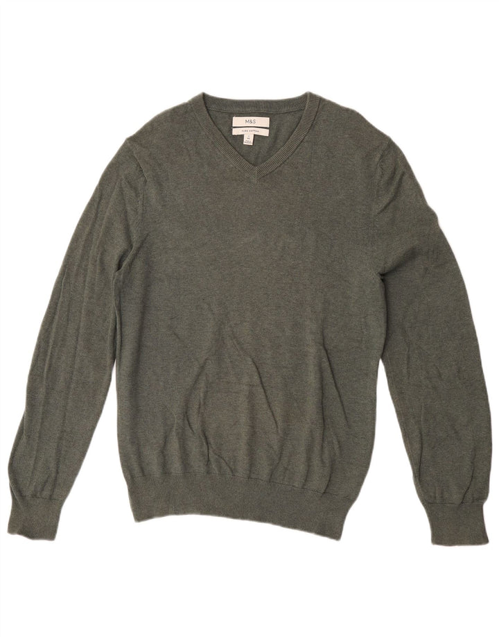 Marks & Spencer Męski sweter z dekoltem w kształcie litery V, mały, bawełniany khaki