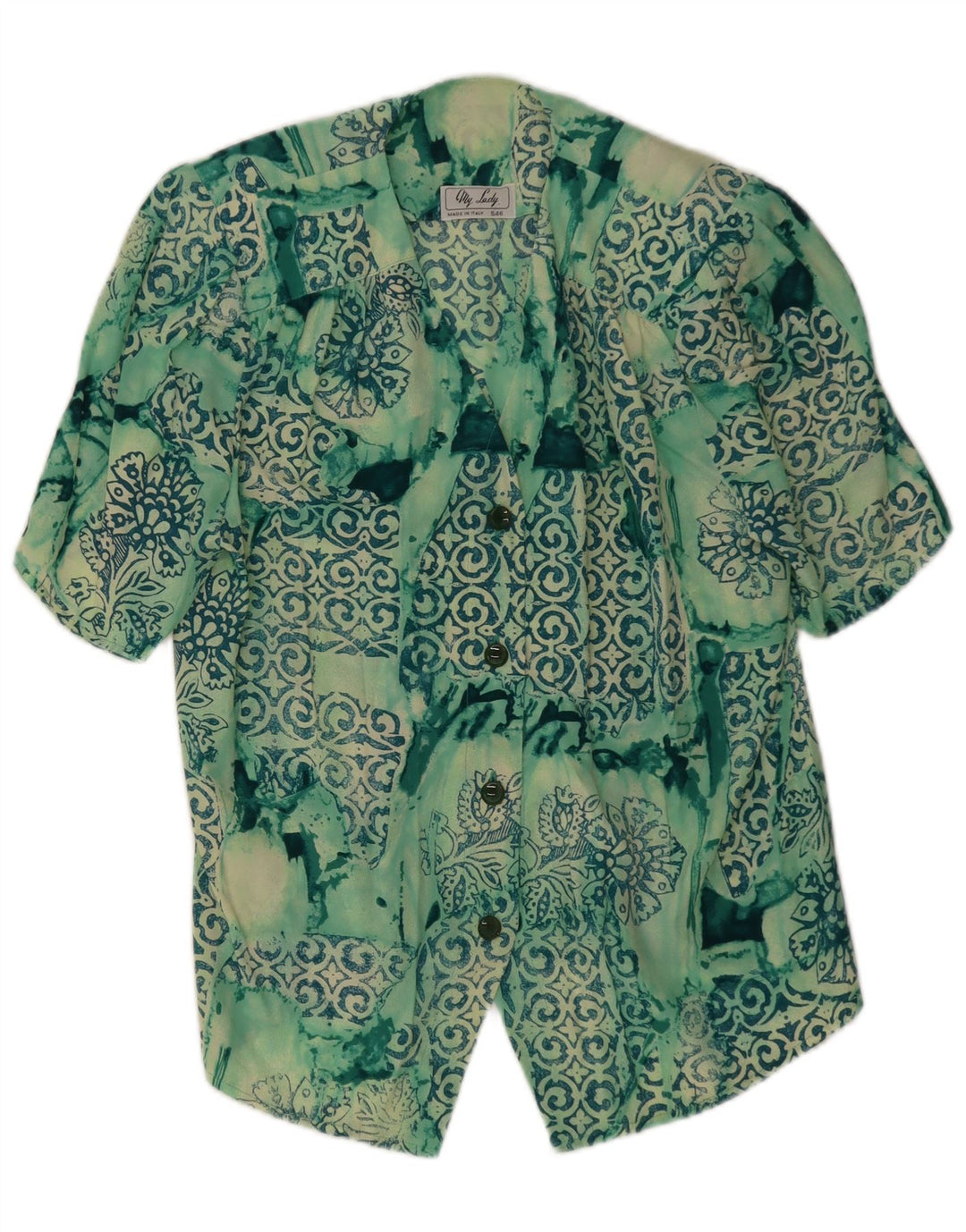 Bluzka damska z krótkim rękawem w stylu vintage, UK 14, średni zielony patchwork