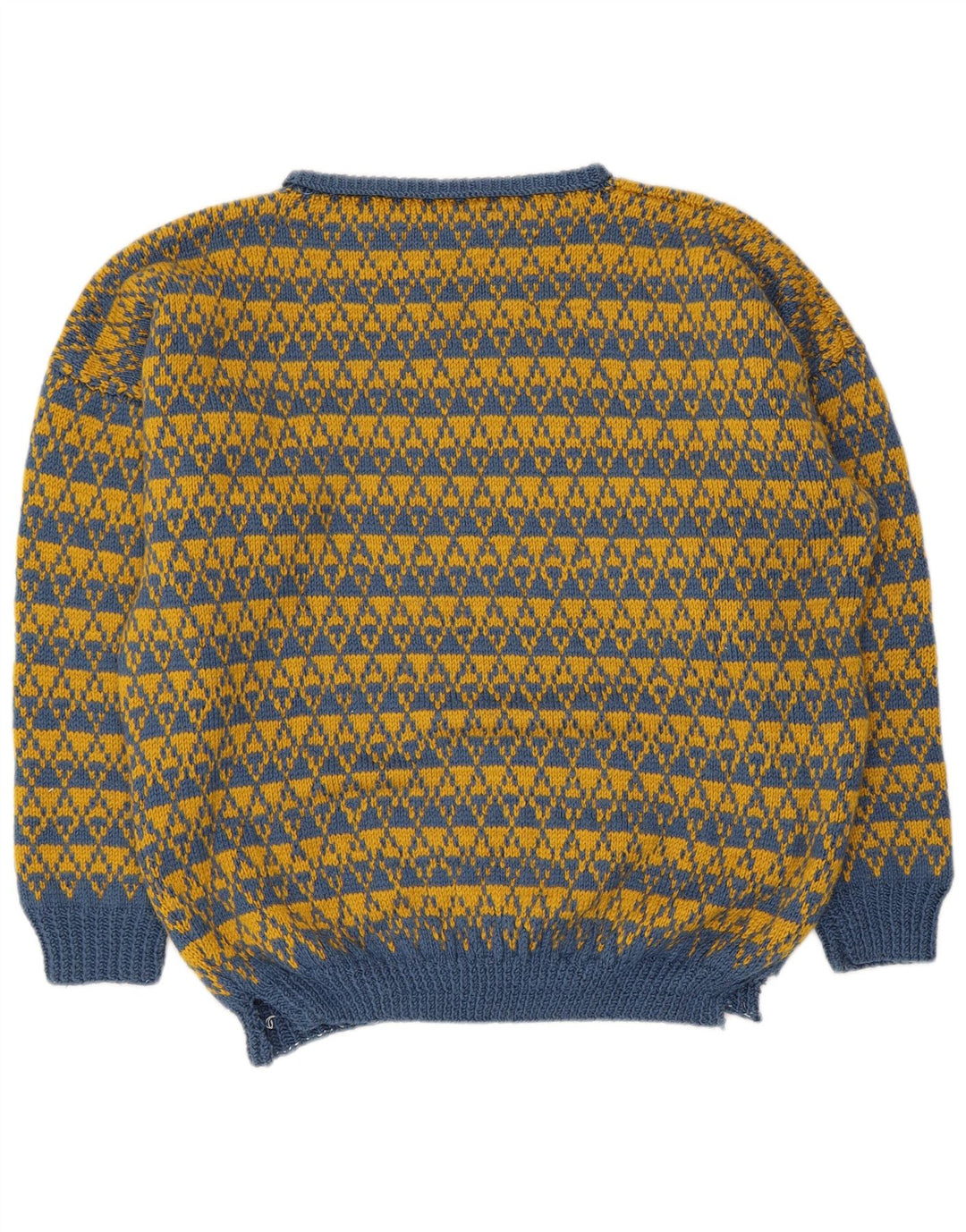 Vintage męski sweter z dekoltem w łódkę, duży niebieski geometryczny