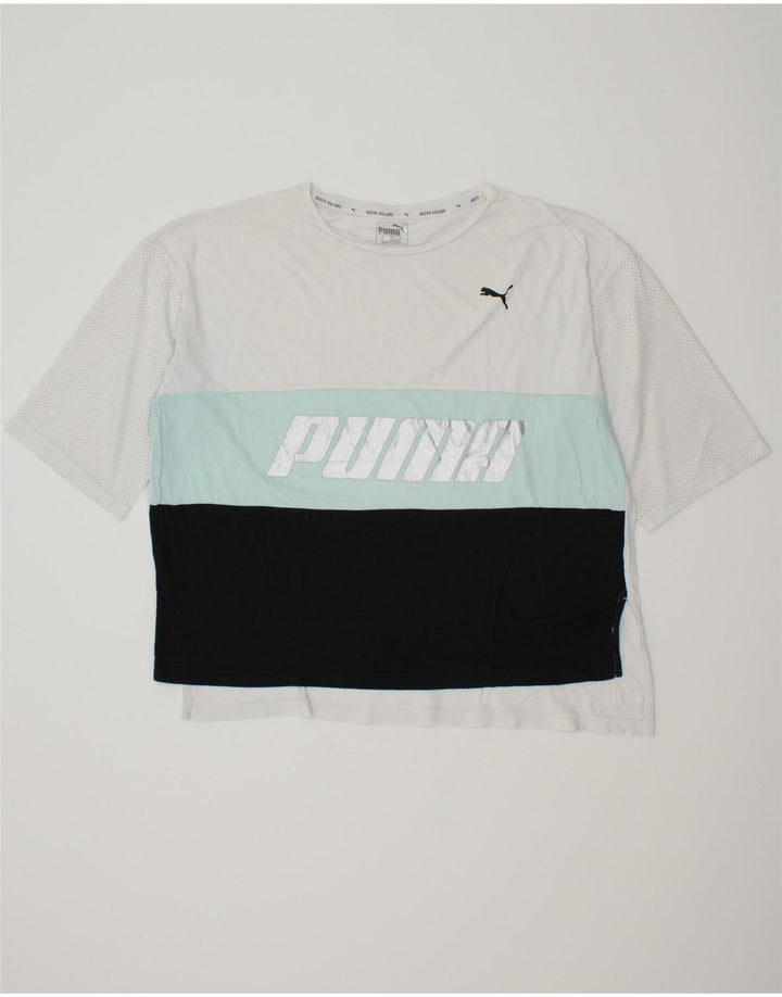 PUMA Womens Oversized Graphic T-Shirt Top UK 14 Medium White Colourblock Vintage Puma and Second-Hand Puma from Messina Hembry 