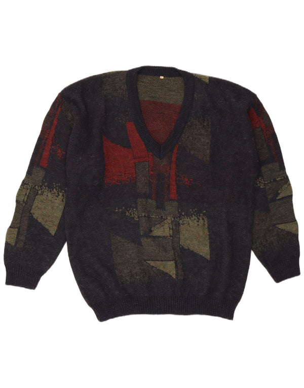 Vintage męski sweter z dekoltem w kształcie litery V XL granatowy, geometryczny wełniany