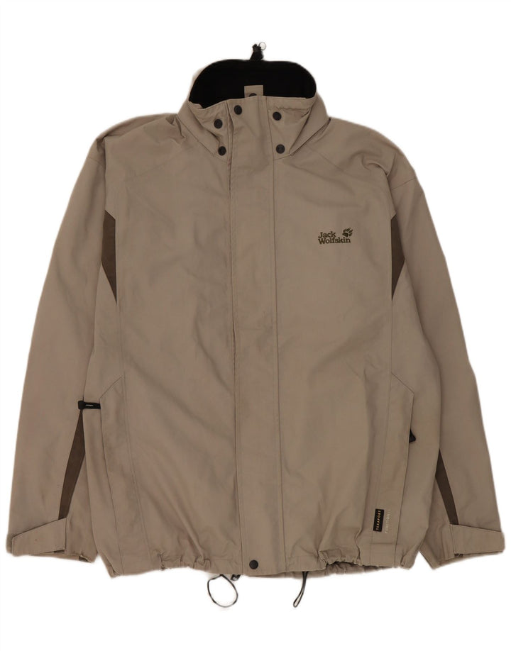 Męska kurtka przeciwdeszczowa Jack Wolfskin UK 40/42, duży szary poliester z blokami kolorów