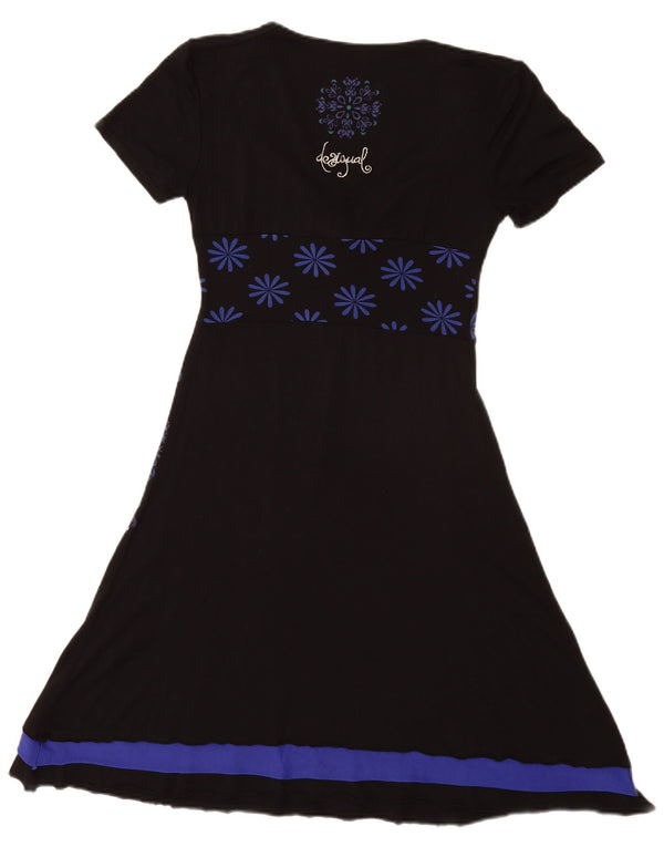 Damska graficzna sukienka o linii A Desigual UK 10 Small, czarna w kwiaty, wiskoza