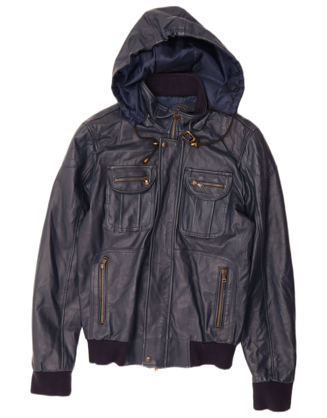 Damska kurtka skórzana z kapturem VINTAGE UK 14, duża, granatowa, skórzana