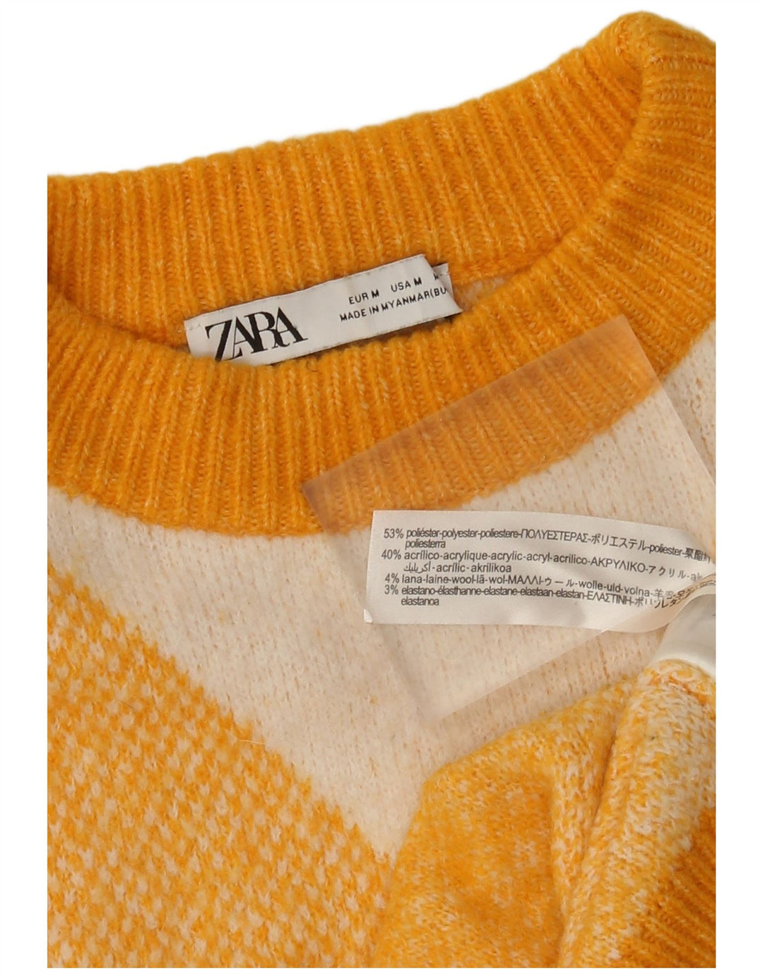 Damski sweter z okrągłym dekoltem Zara UK 14 Średni żółty Argyle/Diament
