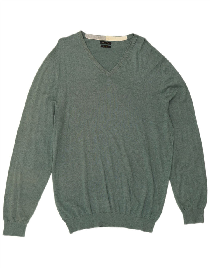 MASSIMO DUTTI Męski sweter z dekoltem w kształcie litery V, 2XL, zielony, bawełniany