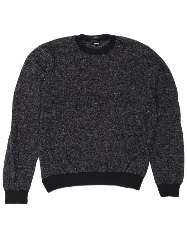 Męski sweter Hugo Boss o luźnym kroju z okrągłym dekoltem, mały, granatowy, nakrapiany