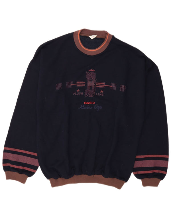 Męska bluza z grafiką w stylu vintage, sweter UK 42, duża, granatowa bawełna