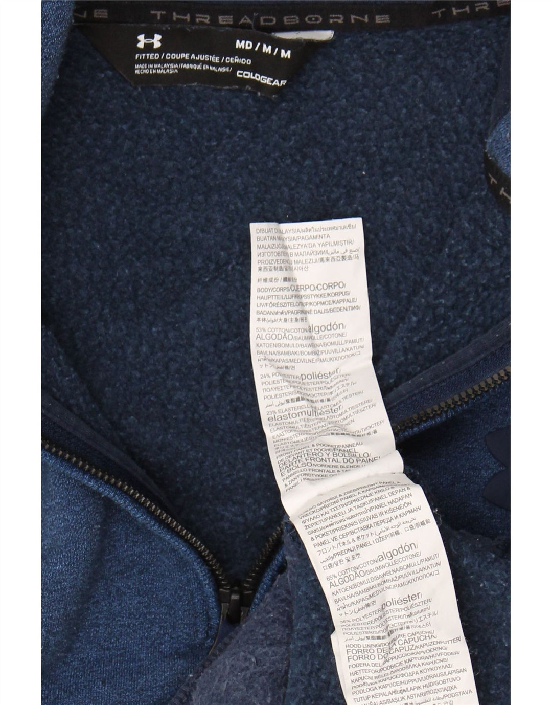 UNDER ARMOUR Mens Cold Gear Hoodie Jumper Medium Navy Blue Colourblock Vintage Under Armour and Second-Hand Under Armour from Messina Hembry 