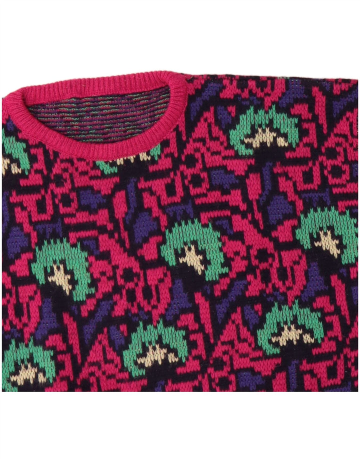 Damski sweter VINTAGE z abstrakcyjnym wzorem i okrągłym dekoltem UK 16, duży różowy