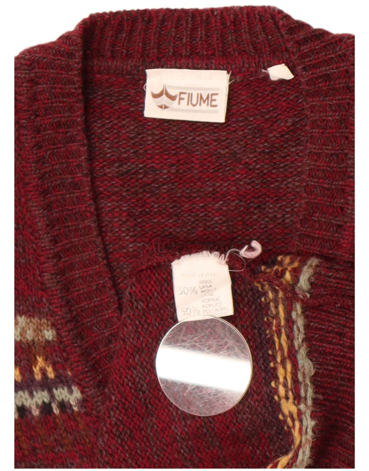 Fiume Męski sweter z dekoltem w serek, duży, bordowy, wełna Fair Isle