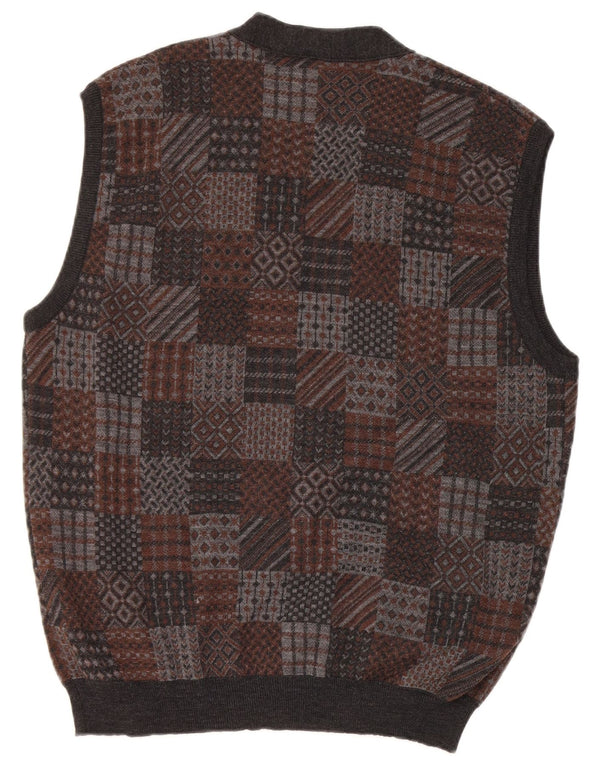 Męski sweter bez rękawów w stylu vintage, średnioszary, geometryczny, z dziewiczej wełny