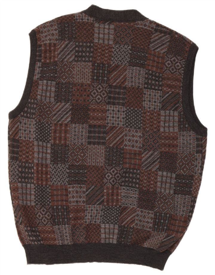 Męski sweter bez rękawów w stylu vintage, średnioszary, geometryczny, z dziewiczej wełny
