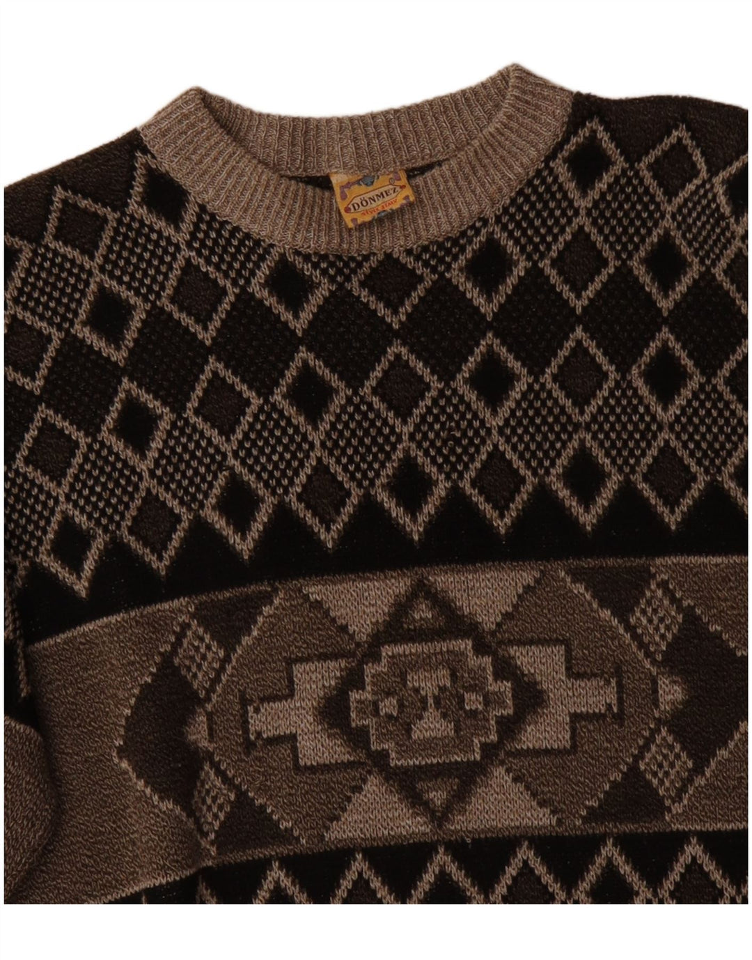 Męski sweter z okrągłym dekoltem w stylu vintage, XL, brązowy Fair Isle