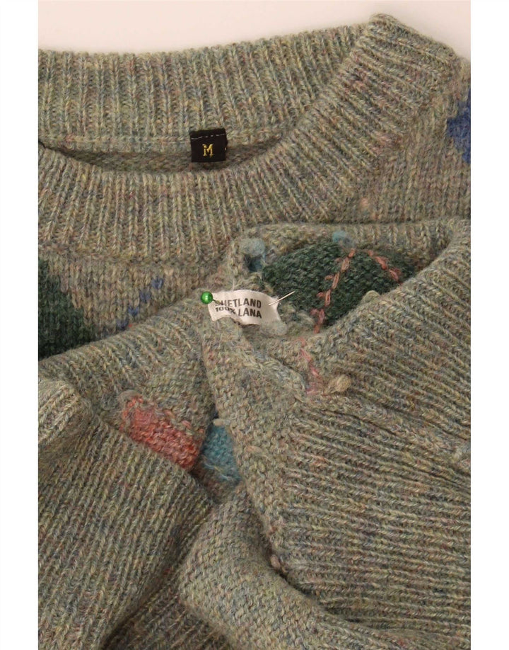 Vintage męski sweter z okrągłym dekoltem, średni zielony Argyle/diamentowa wełna