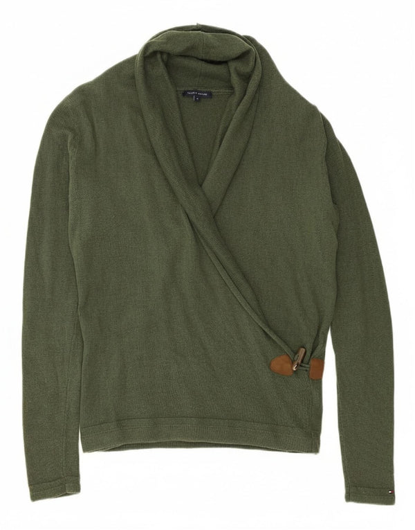 TOMMY HILFIGER Womens Shawl Neck Jumper Sweater UK 14 Medium Green Wool