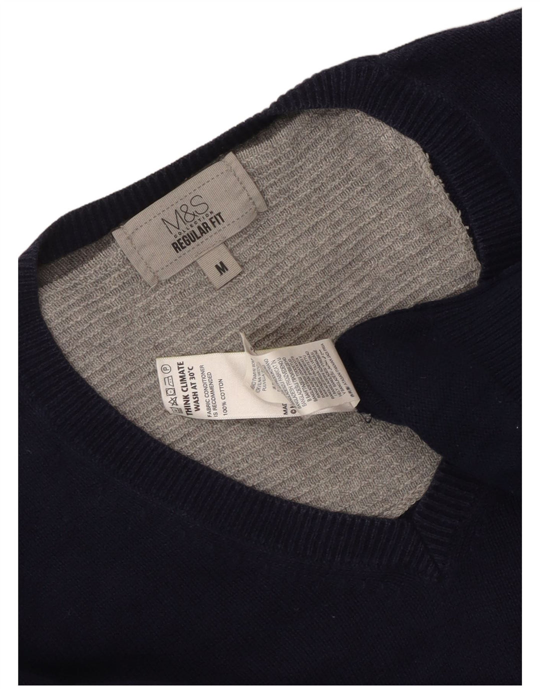 Męski sweter Marks & Spencer o regularnym kroju z dekoltem w kształcie litery V, średni granatowy