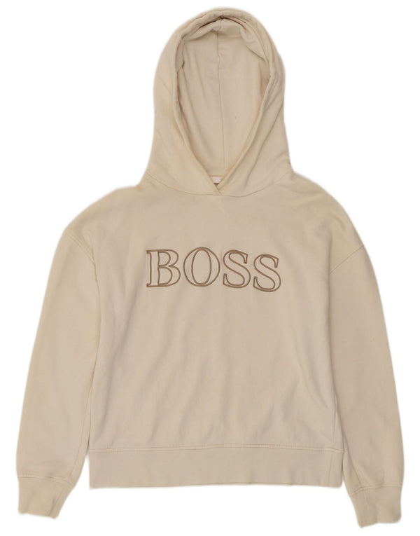 Damski sweter HUGO BOSS z grafiką, oversize, UK 10, mały, w kolorze złamanej bieli