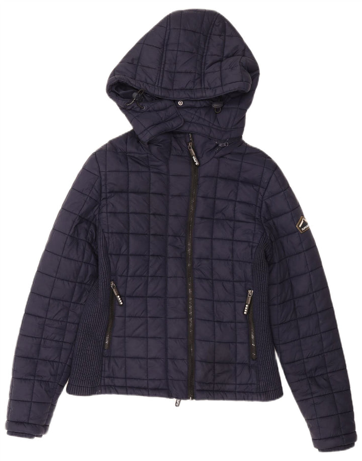 Damska wyściełana kurtka z kapturem Superdry UK 14, duża, granatowa, nylonowa