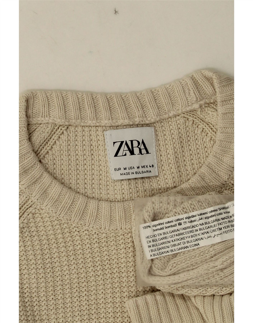 Męski sweter Zara z okrągłym dekoltem, średnio beżowy, bawełniany