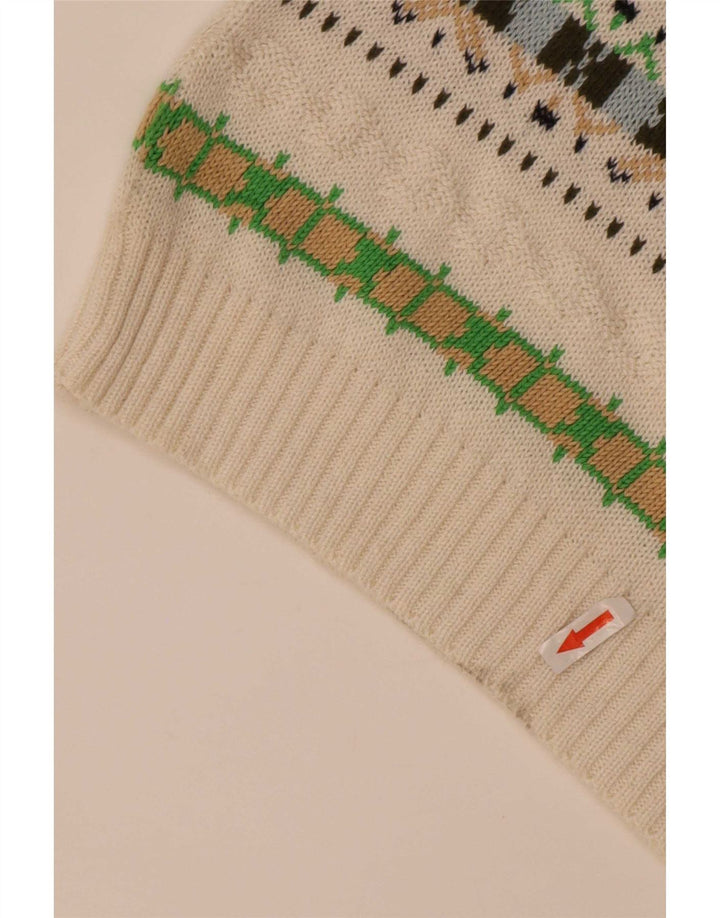 Męski sweter w stylu vintage z dekoltem w szpic, średniej wielkości biała geometryczna bawełna