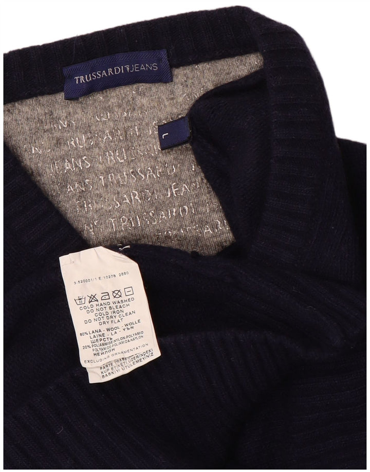 Trussardi Jeans Męski sweter z dekoltem w kształcie litery V, duży, granatowy, wełniany