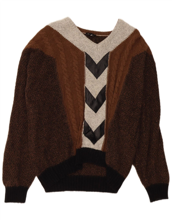 Męski sweter VINTAGE z dekoltem w kształcie litery V, duży, brązowy kolor