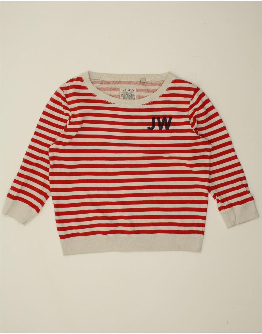 JACK WILLS Womens Sweatshirt Jumper UK 12 Medium  Red Striped Cotton Vintage Jack Wills and Second-Hand Jack Wills from Messina Hembry 
