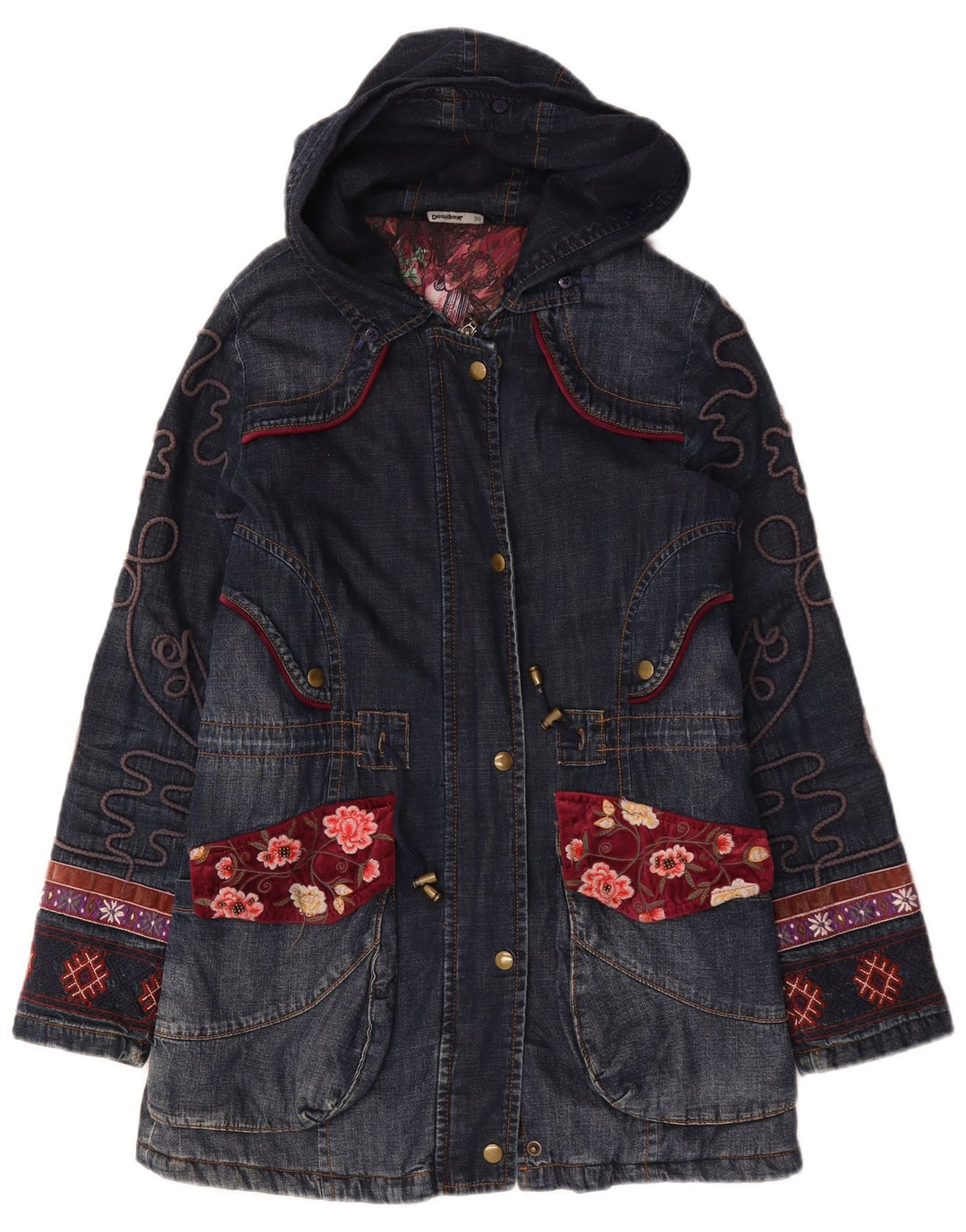 Desigual damski oversize'owy płaszcz dżinsowy Graphic EU 36, mały, granatowy w kwiaty