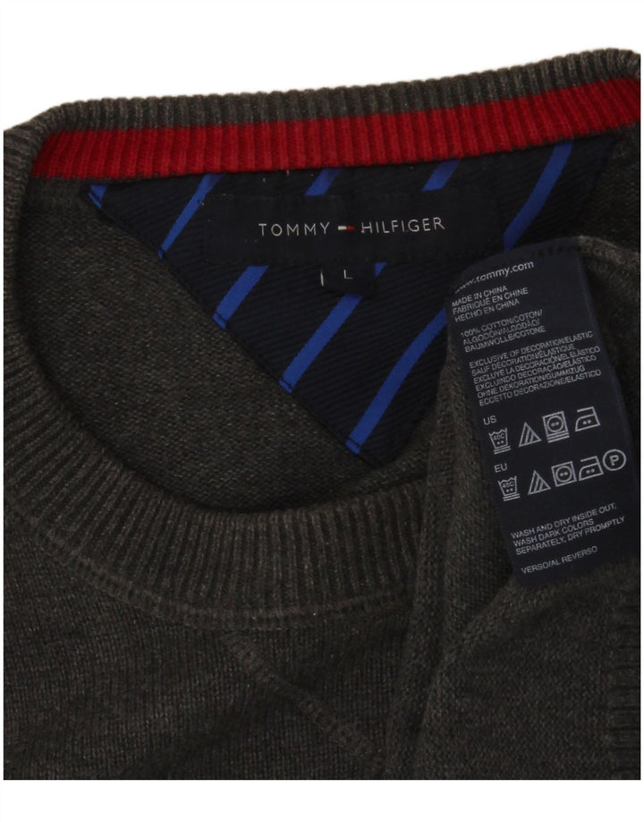 Męski sweter z okrągłym dekoltem TOMMY HILFIGER, duży, szary, bawełniany