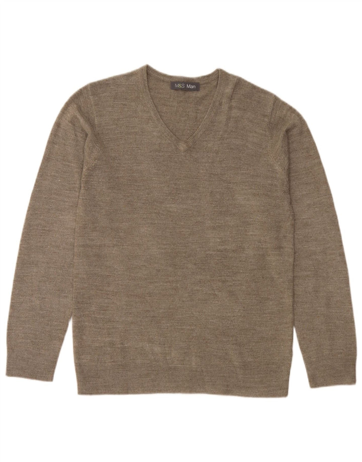 Marks & Spencer Męski sweter z dekoltem w kształcie litery V, mały, beżowy, nakrapiany akryl