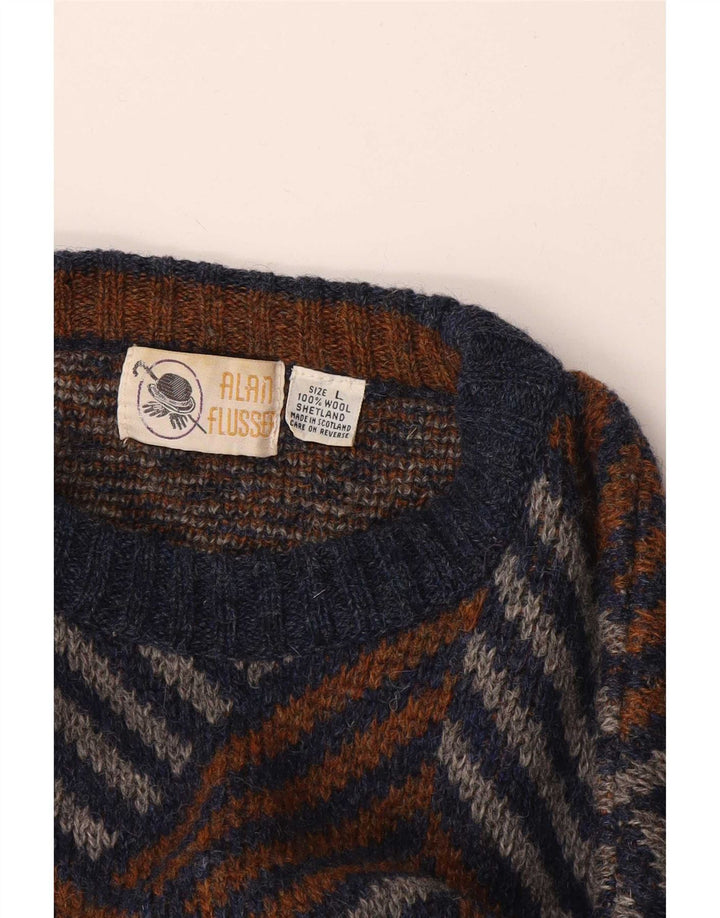 Vintage męski sweter z okrągłym dekoltem, duży, wielobarwny, wełniany jodełka