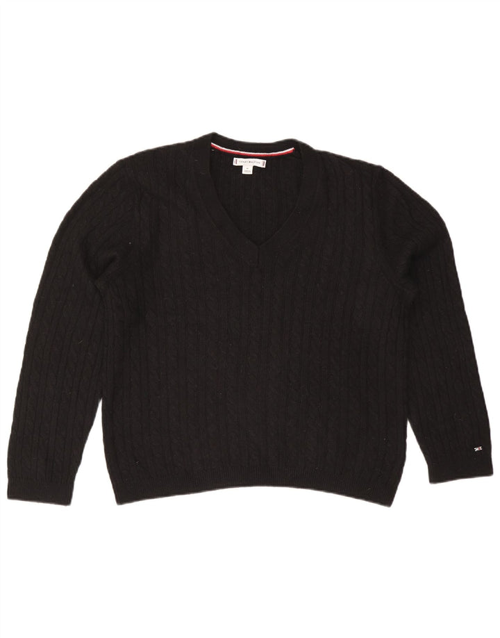 Damski sweter TOMMY HILFIGER z dekoltem w kształcie litery V, UK 14, średni czarny nylon