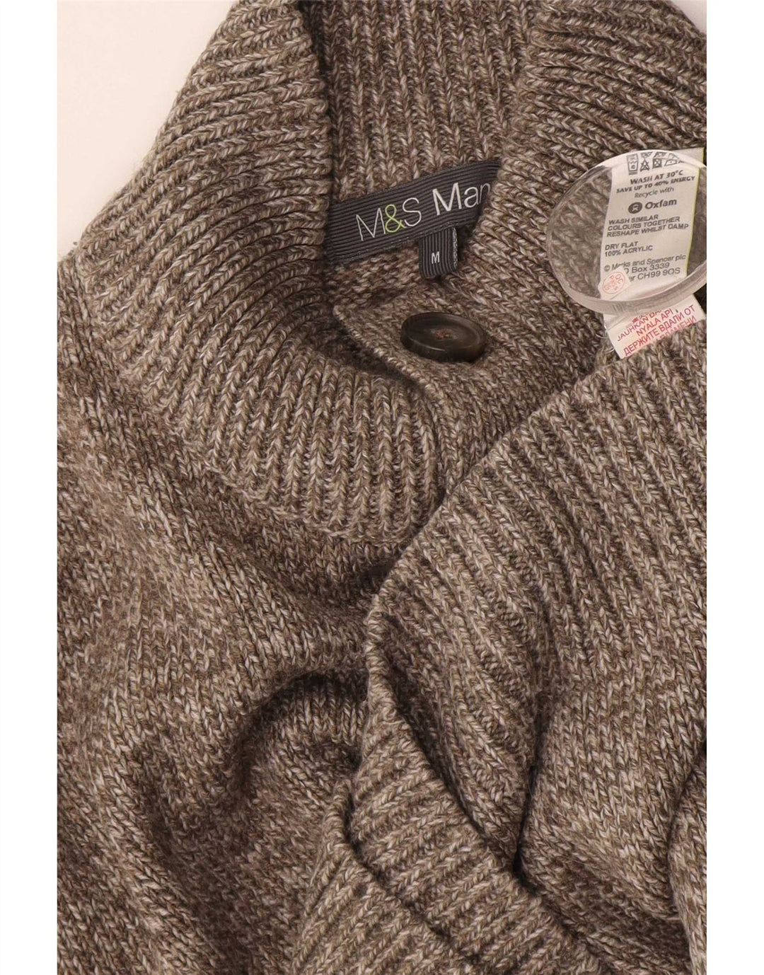 Marks & Spencer Męski sweter zapinany na guziki, średniobrązowy, nakrapiany