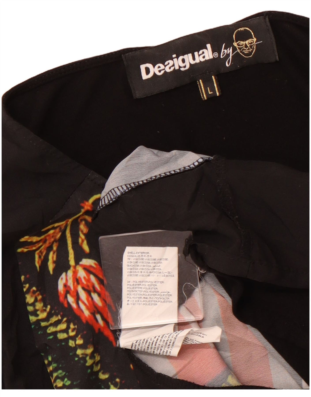 DESIGUAL Damski graficzny top z długim rękawem UK 14, duży, czarny, w kwiaty, wiskoza